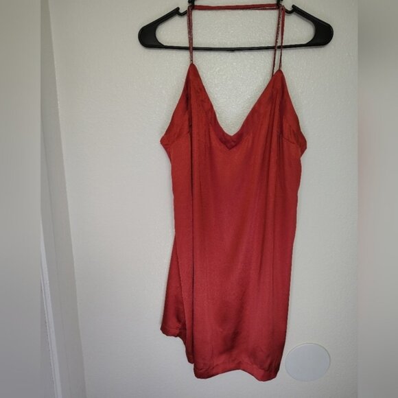 Free People Red Satin Dress Spaghetti Sleeves With Diamonds Details Sz Large - Picture 1 of 14